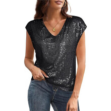 V Neck Sequin Short Sleeve Tops for Women Elastic Sparkly Tank Top Black XL