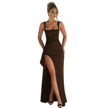Dames Formele Jurken Mouwloos Bodycon Gerimpeld Hoog Split Maxi Jurk Cocktail Prom Bruin XS