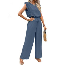 Jumpsuits for Women 2025 Summer Ruffle Sleeves Square Neck Rompers Drawstring Overalls with Pockets Royal  M