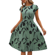 Vestido Floral para Mulheres, Convidada de Casamento, Gola Redonda, Manga Curta, Cintura Marcada, Midi, Fluido, Boho, Praia Verde XL