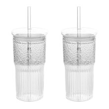 2X 600 Ml Glasbecher, Milchkaffeetasse mit Deckel und Strohhalm, Transparent, Gestreift, Wasserbecher, Becher, TrinkgläSer, Saft, Teetasse
