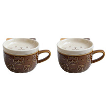 2X Ceramic Coffee Mugs with Lid Cute Cat Porcelain Cup Family Breakfast Milk Juice Cup Beverage(Brown)