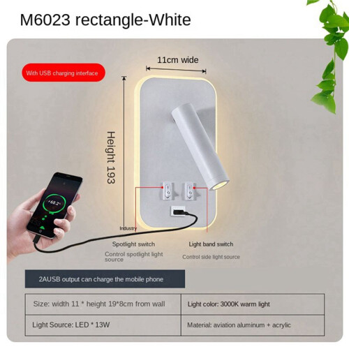 2X Wall Light Backlight USB Charging 330 Degree Rotation Adjustable Wall Lamp Bedside Study Reading Sconce Lamp White 2