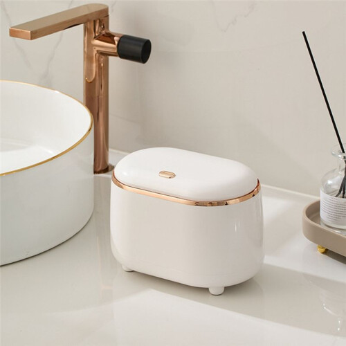 Press-Type Desktop Small Trash Can with Lid,Small Storage Bucket Tiny Desktop Waste Garbage Bin,White 2