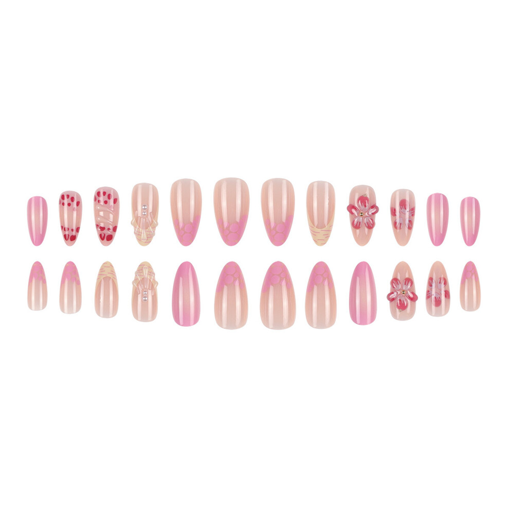 Hue-Grain 24Pcs Pink Press-On Nails With Floral Decor, Long Lasting