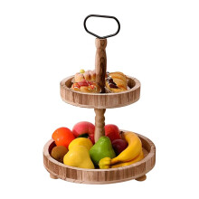 Bandeja de Madeira em Camadas de Estilo Rústico, Bandeja Decorativa de Fazenda, Bandeja Redonda com Alças de Metal, Cor Levemente Torrada