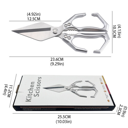 (Silver, Boxed) Kitchen Shears for Meat, Fish, BBQ - Dishwasher Safe