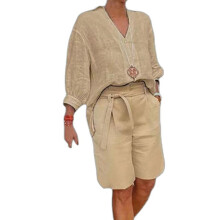 (Khaki, L) Cotton Linen Summer 2-Piece Set