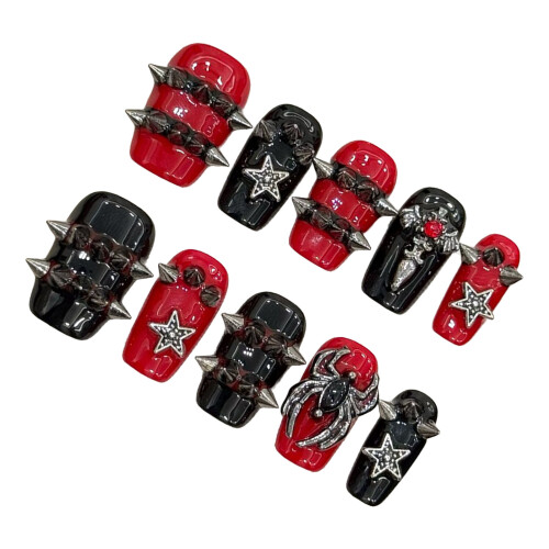 (XS) Punk Style Press-On Nails, Black & Red, 10PCS