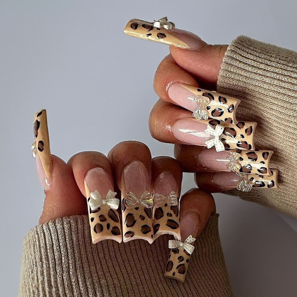 Zhouq-Outdoors Leopard French Press-On Nails With Bowknot Decor