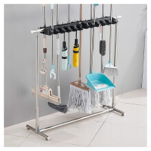 Heavy Duty Floor Mounted Broom and Mop Holder with AntiSlip Slots and Foldable Hooks for Commercial Cleaning