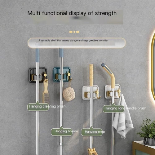 Broom Mop Holder Wall Mounted Tool Organizer with Hooks for Kitchen Bathroom Garage Storage 2