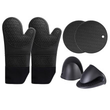 6pc Extra Long Silicone Oven Gloves and Pot Holders, Heat Resistant Non Slip Grip, Black