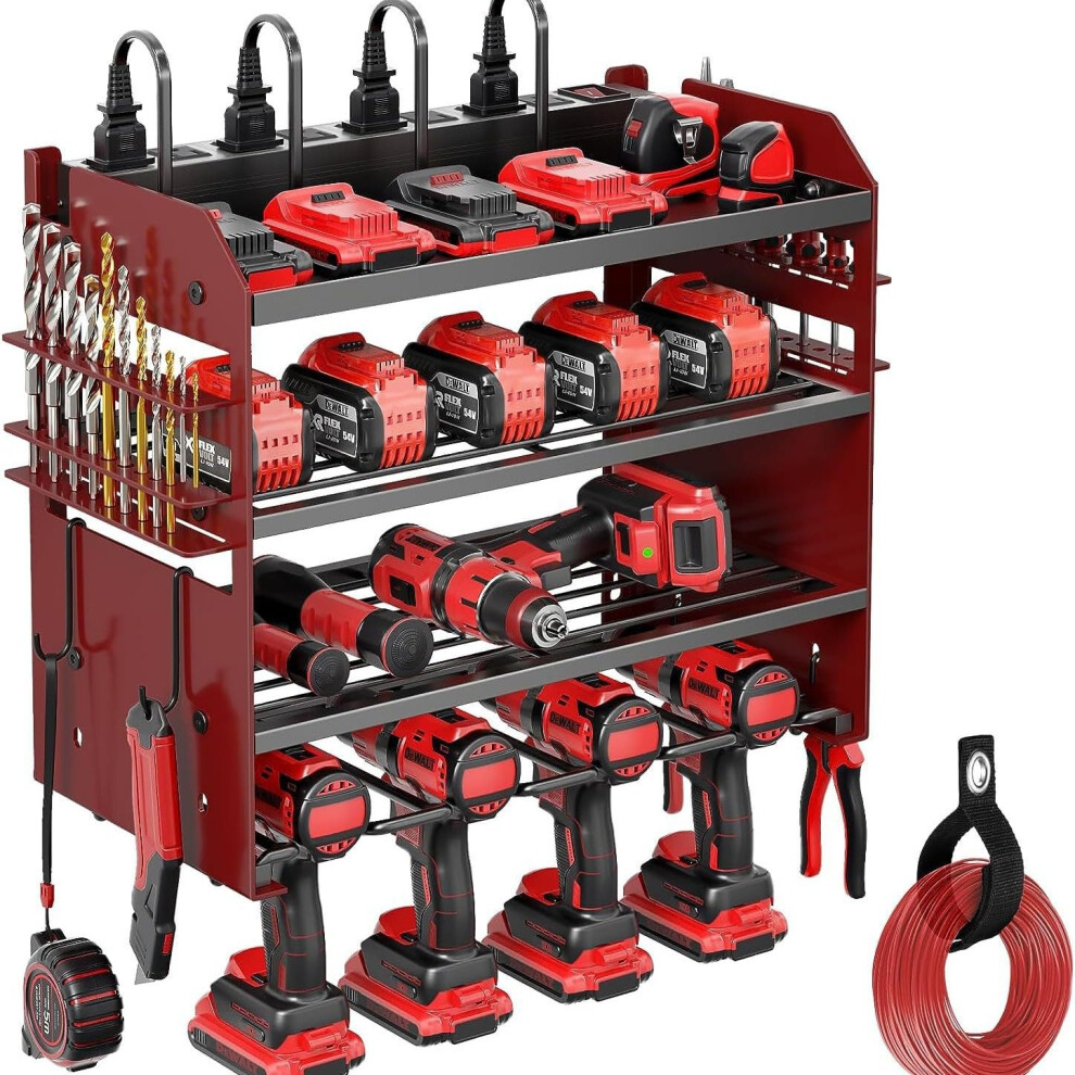 Power Tool Organizer With Charging Station, 4 Drill Holders Heavy Duty Wall Mounted Rack For Garage Workshop 9330225675235