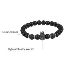 Men's Black Stone Beaded Bracelet with Lion Head Charm, Adjustable