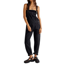 (S, Balck) Women Denim Long Jumpsuit Casual Spaghetti Strap Wide Leg Romper Pants Summer Baggy Bib Overalls