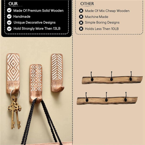 9 Pack Non-Destructive Wood Wall Hooks - Adhesive Wall Hooks - Boho Decorative Wall Hooks 2