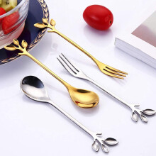 15Spoon+15Forks Stainless Steel Leaf Coffee Cake Spoon Fork Dessert Spoons, Stirring Teaspoon Set Golden