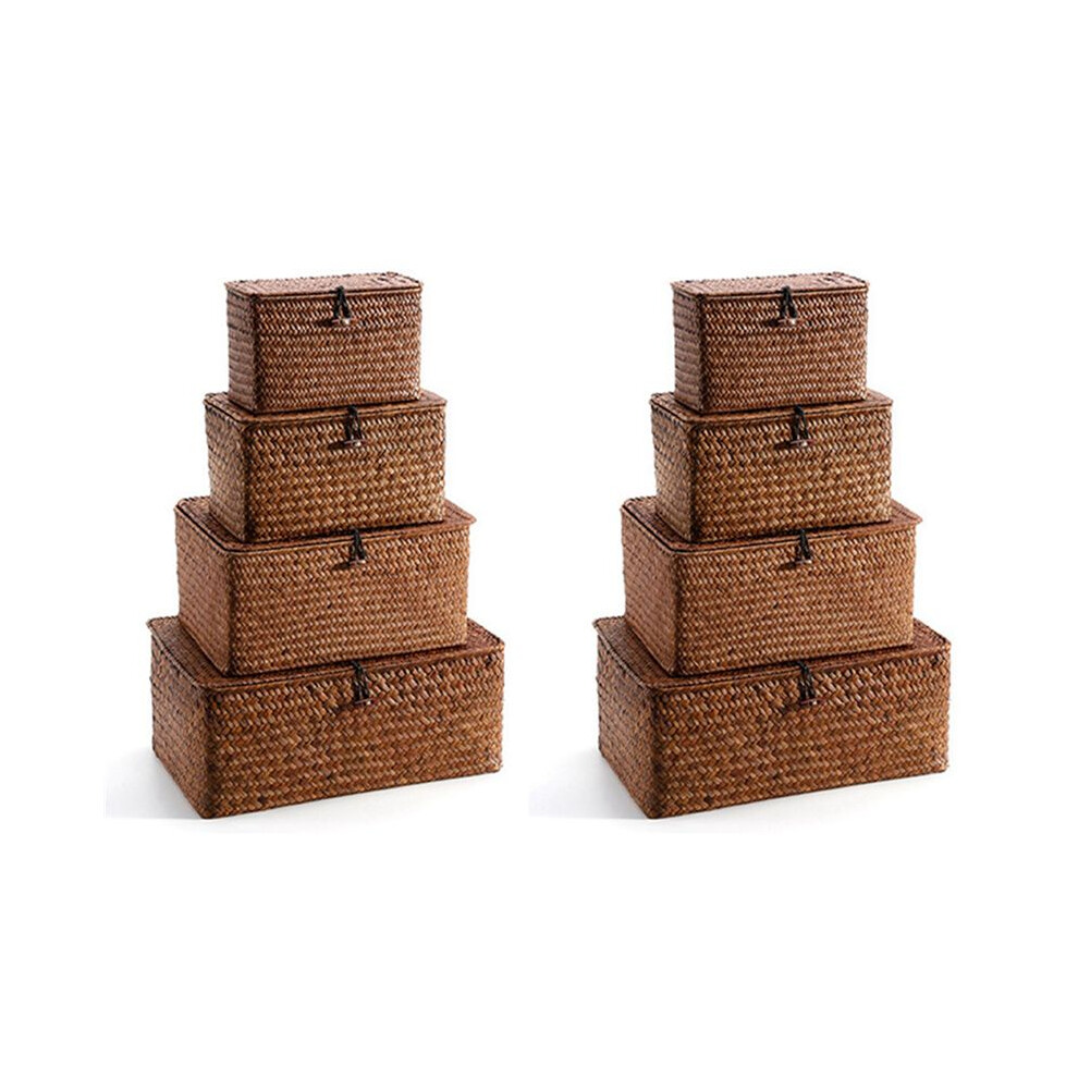 Semoic Woven Straw Storage Bins With Lid - Set Of 8 - Rectangular Seagrass Basket/Storage Basket For Shelf Organizer