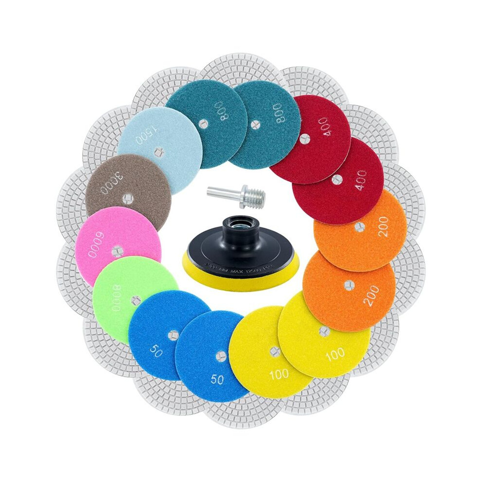 16Pcs 4Inch Diamond Wet Polishing Pads With Backer Pad,50-6000 Grit Pads,Wet/Dry Granite-Polish Kit For Drill Grinder 6032402030082