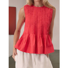 Womens Summer Pleated Peplum Sleeveless Blouse Tank Tops Round Neck Y2K Babydoll Blouse Shirt Red XS