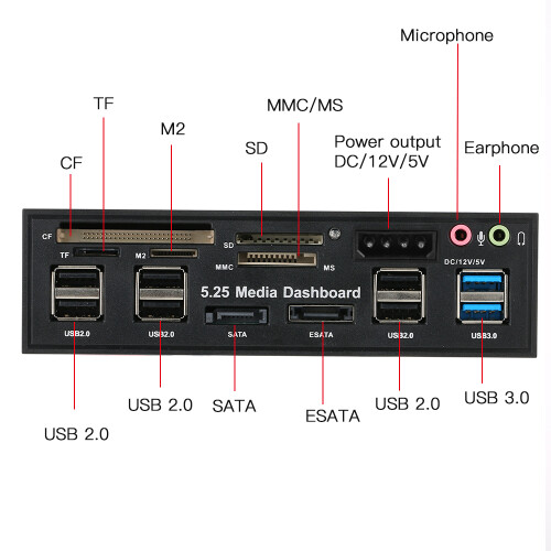 Multi-Function USB 3.0 Hub eSATA SATA Card Reader Front Panel 5.25inch Black