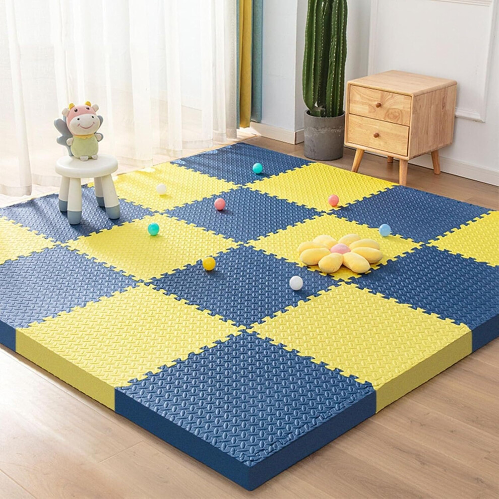 Foam Puzzle Play Mat 16Pcs 12X12 Eva Interlocking Floor Tiles Navy And Nonslip Blue/Yellow