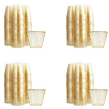 Gold Plastic Cups Clear Plastic Wine Glasses, Fancy Disposable Hard Plastic Cups with Gold Glitter for Party Cups 100Pcs