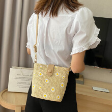 Petit Sac de Messager pour Femmes Tissé de Paille de Marguerite de Mode Sac Seau de ChaîNe Sac à Main BohèMe Sac D'éColièRe Kaki
