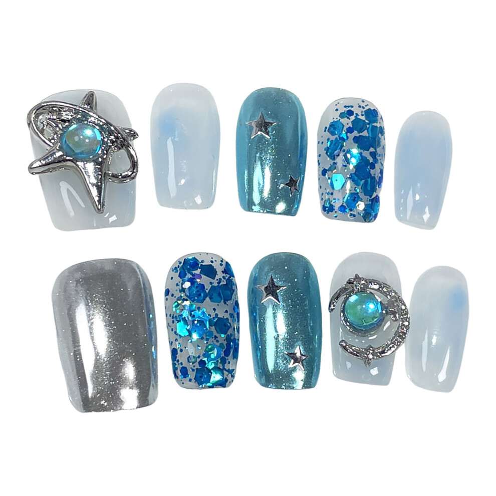 Reach-Tools White/Blue (M) Glitter Fake Nails - Easy Apply
