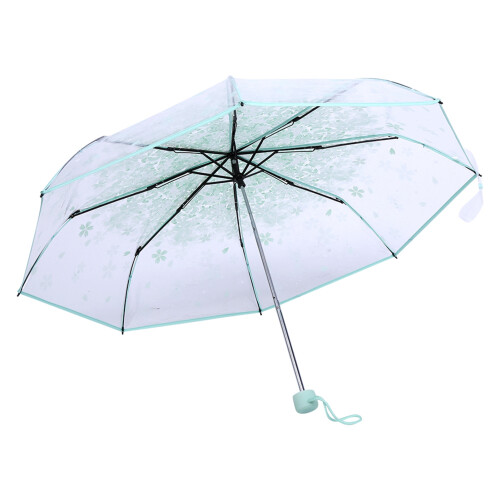 Light Green Transparent Umbrella Folding Cherry Blossom Pattern Small & Elegant 1