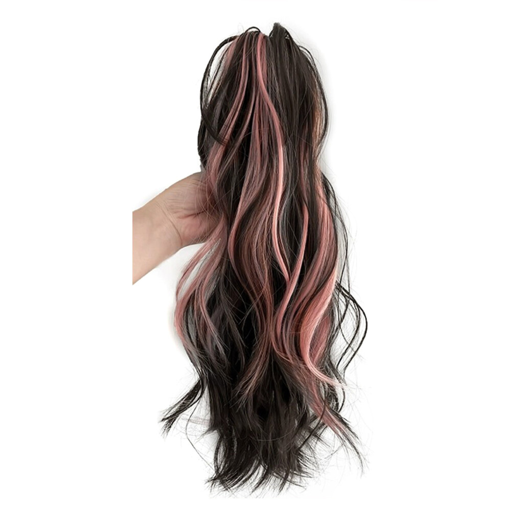 Dcph-Clothing (Brown Black+Pink) Synthetic Heat Resistant Curly Ponytail Hairpiece
