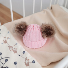 (Pink Hat) Faux Fur Pom Pom Baby Hat & Scarf, 6-36M
