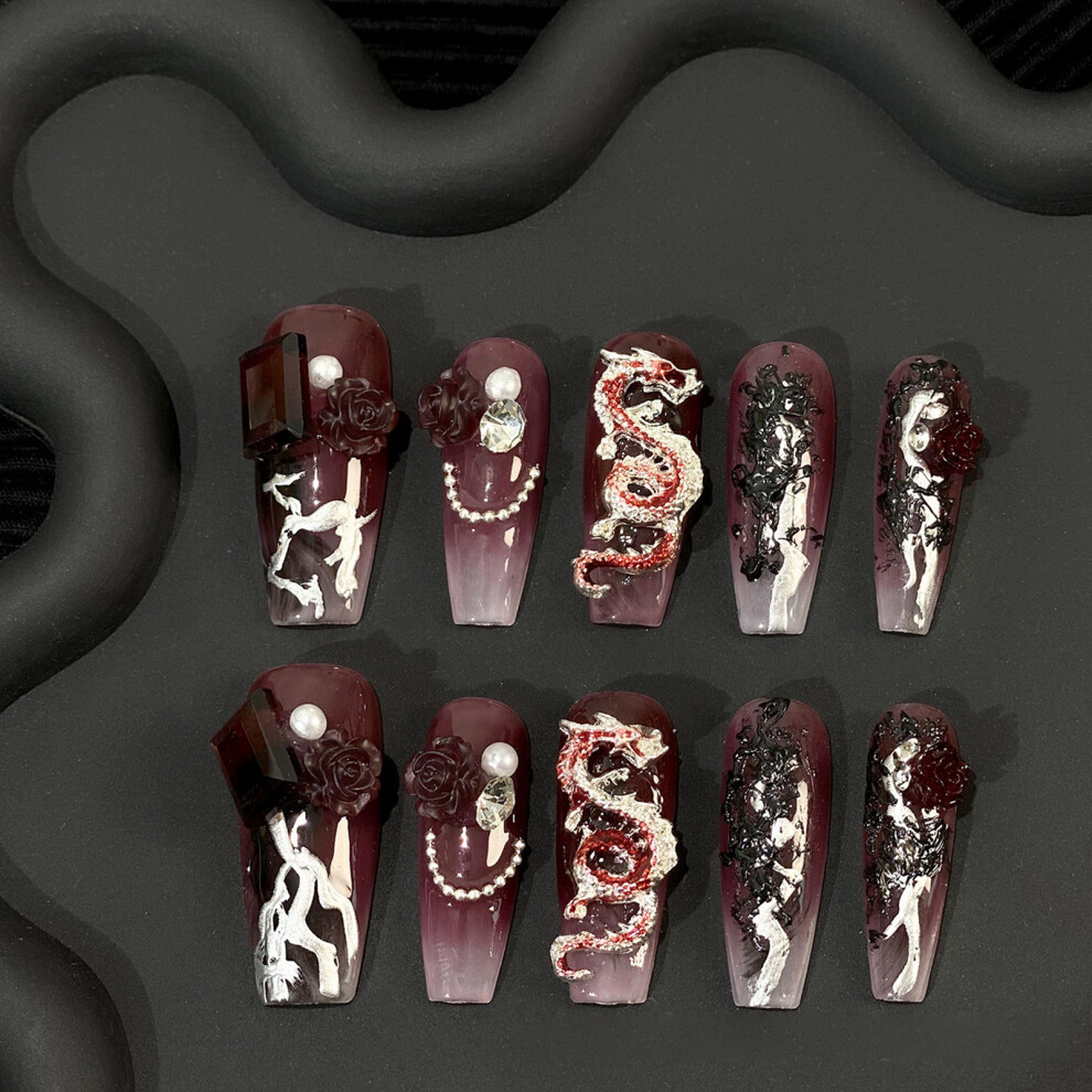 Roc-Electron (M) Stage Fake Nails - Red Camellia Chip-Proof Design