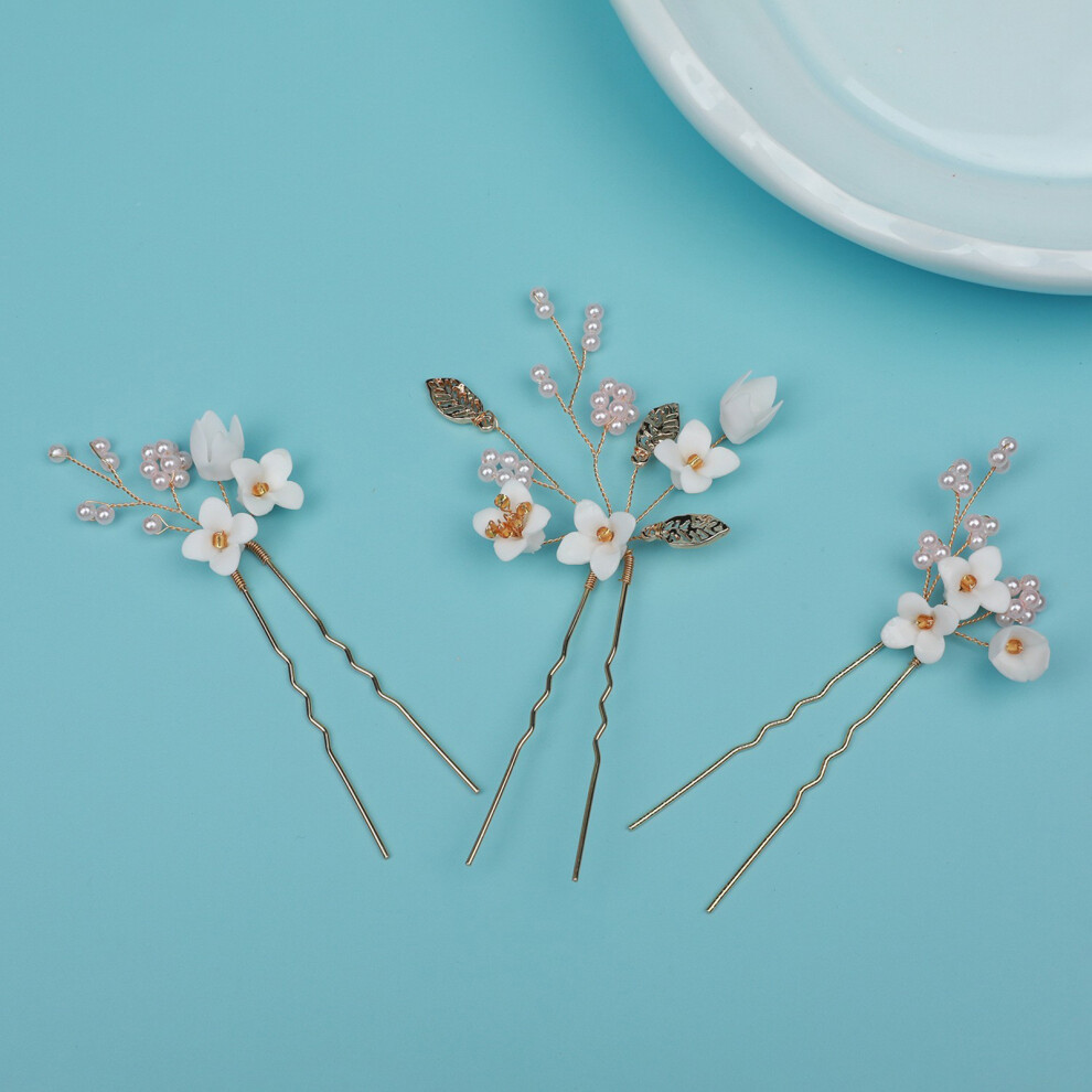 Hue-Grain 3Pcs Elegant U-Shape Hairpins With Ceramic Flower