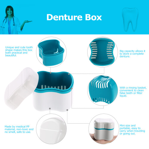 Denture Bath Box Case with Rinsing Basket, Portable, 8.7 x 7.7 cm 2