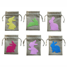 6-Pack14x10cm Multicolor Easter Bunny Drawstring Bags for Party Featuring Reusable Burlap Material