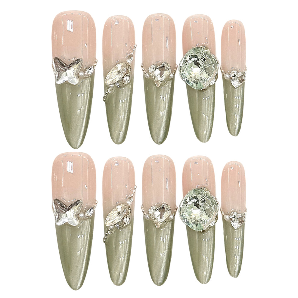 Roc-Electron (713) Green Cat Eye False Nails - Lightweight & Easy Stick