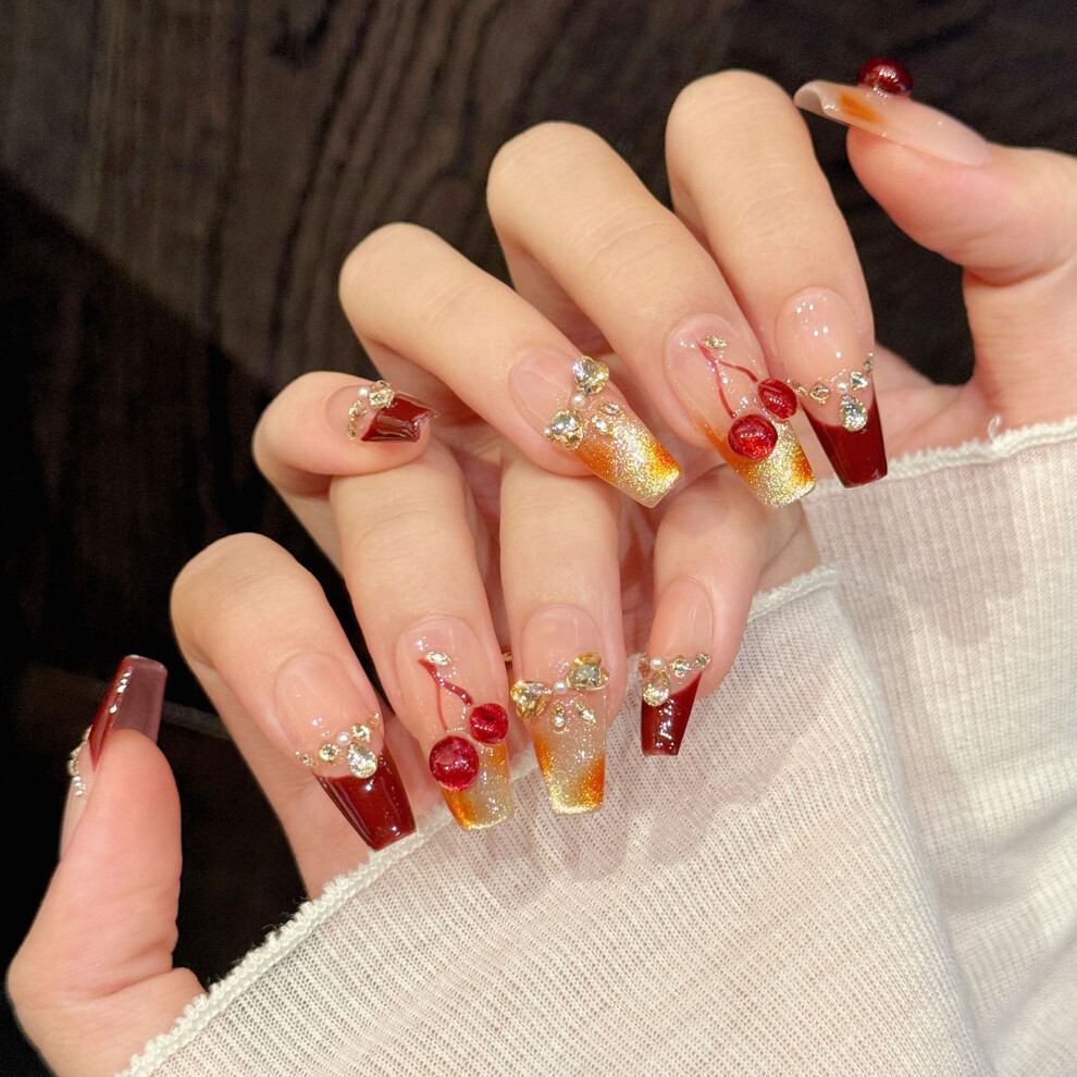 Roc-Electron (933 Medium Step, L) Cherry Red Press On Nails 10Pcs Rhinestone Decor