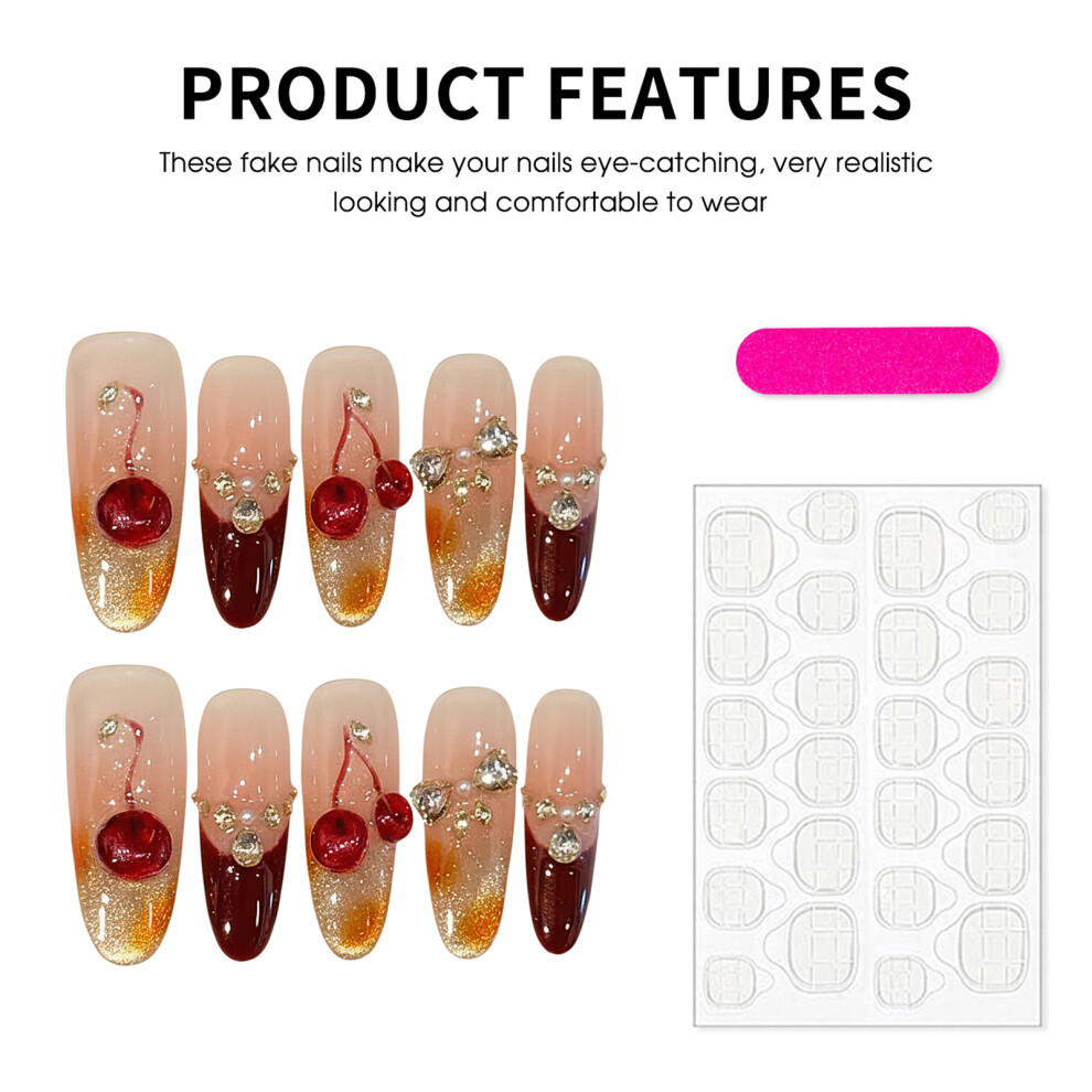 Roc-Electron (935 Long Oval, L) Cherry Red Press On Nails 10Pcs Rhinestone Decor