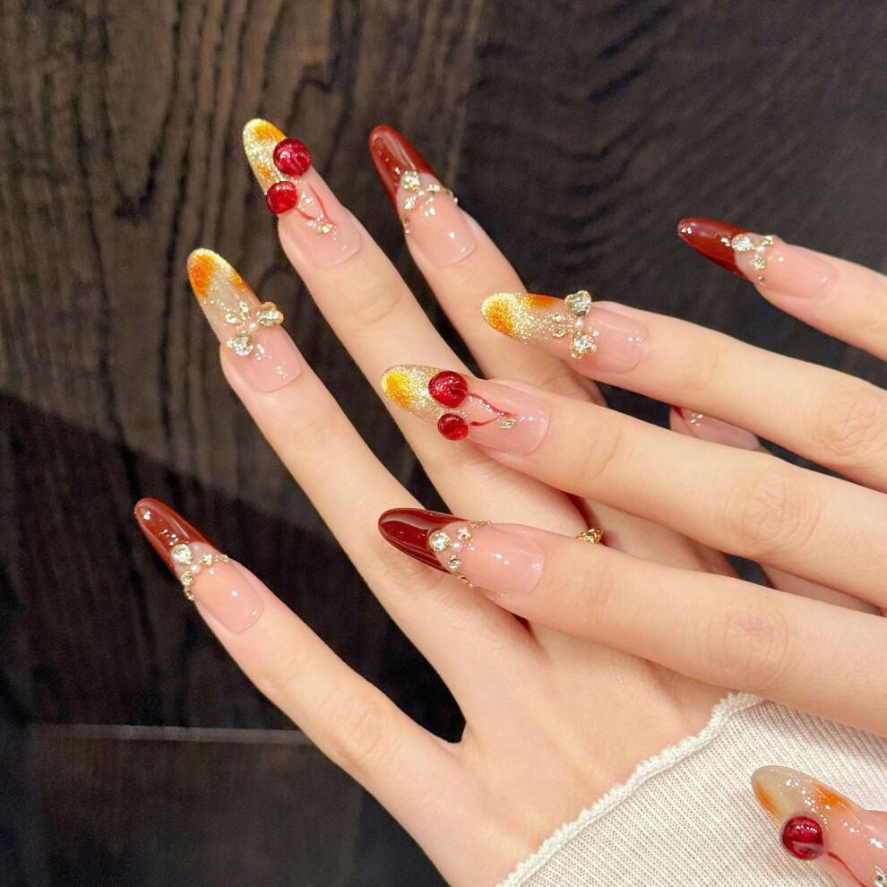Roc-Electron (935 Long Oval, Xs) Cherry Red Press On Nails 10Pcs Rhinestone Decor
