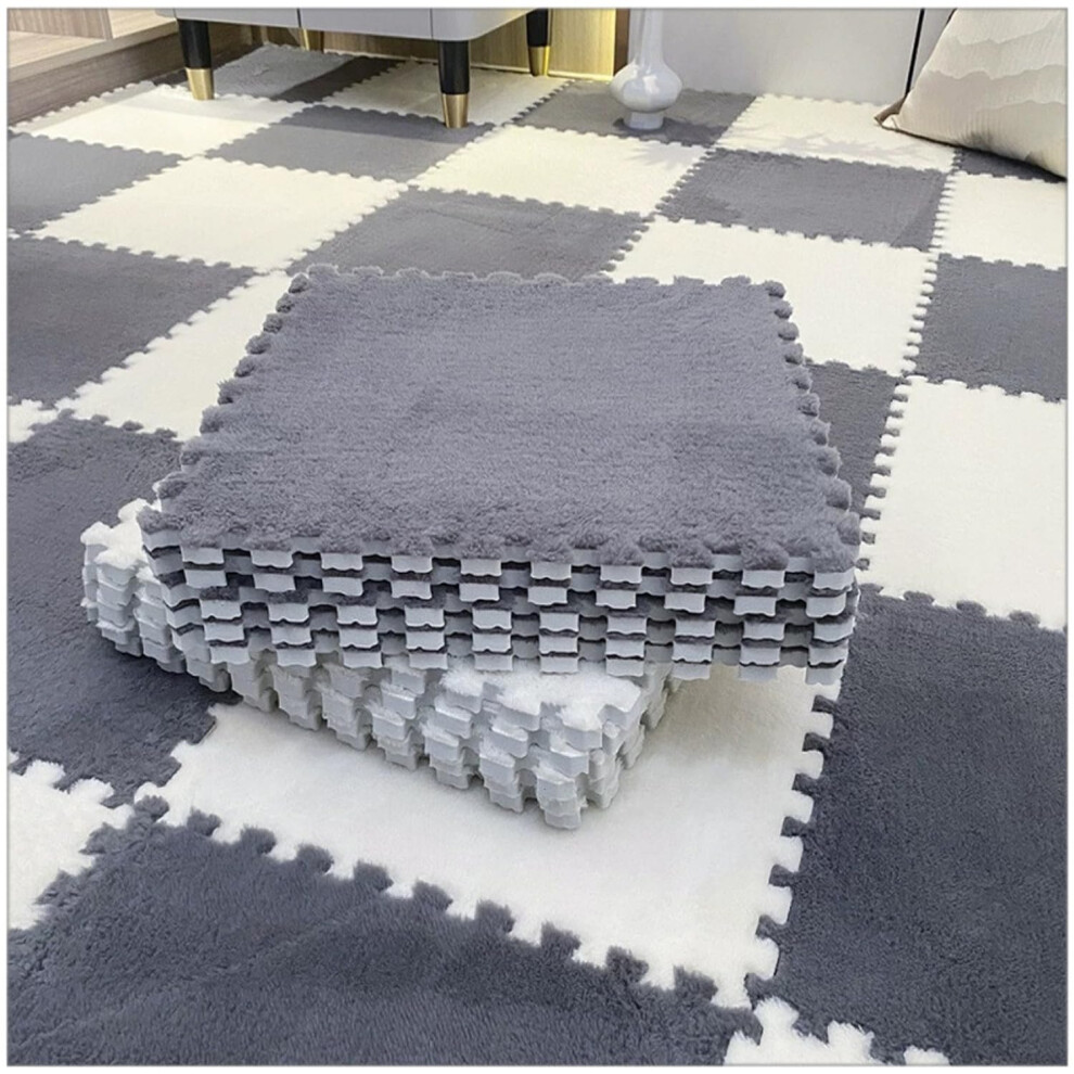 And Interlocking Carpet Tiles Plush Foam Floor Mat Antislip Soft Rug For Playroom White/Gray