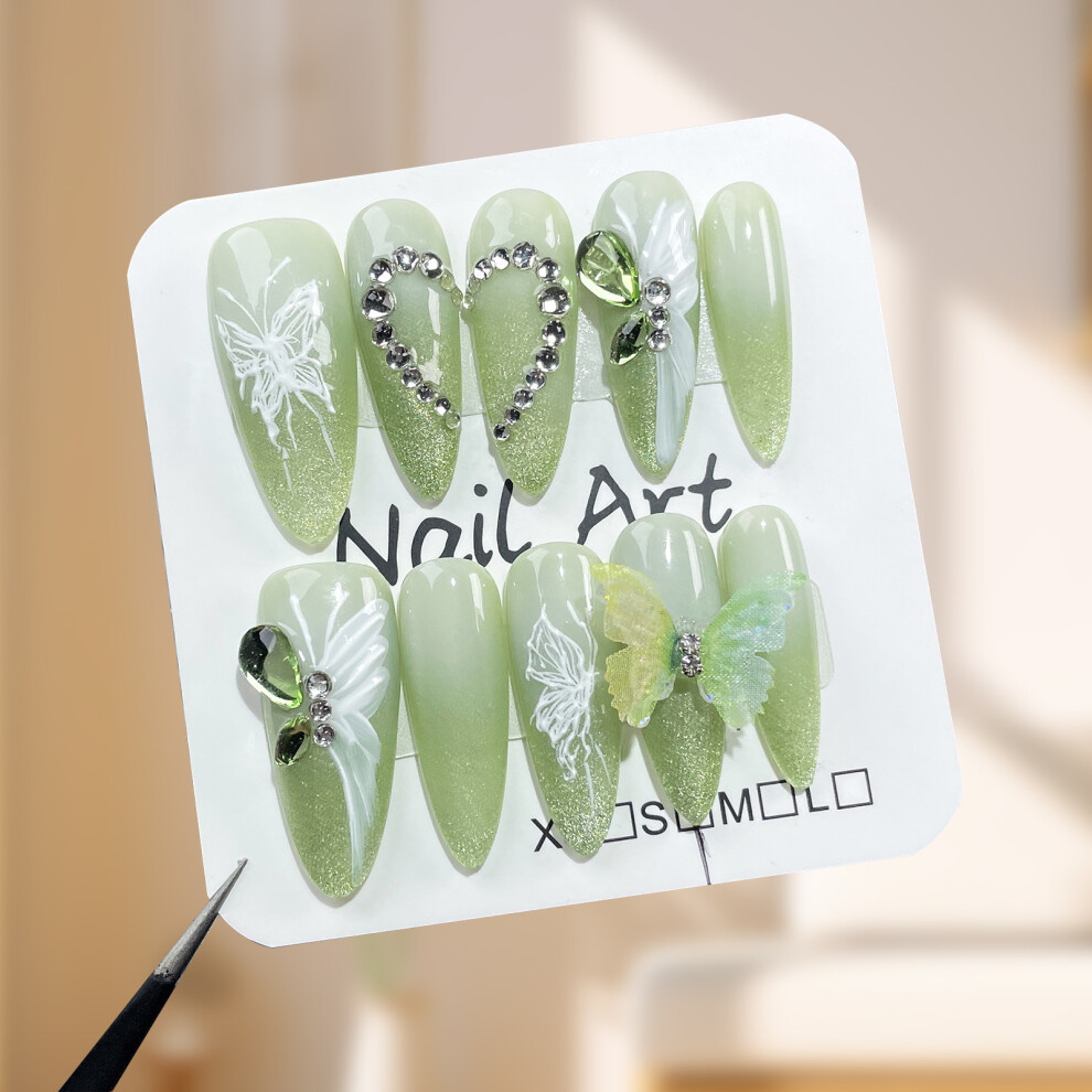 Phui-Pet-Supplies (Xs) 10Pcs Green Gradient Press-On Nails For Work & Party