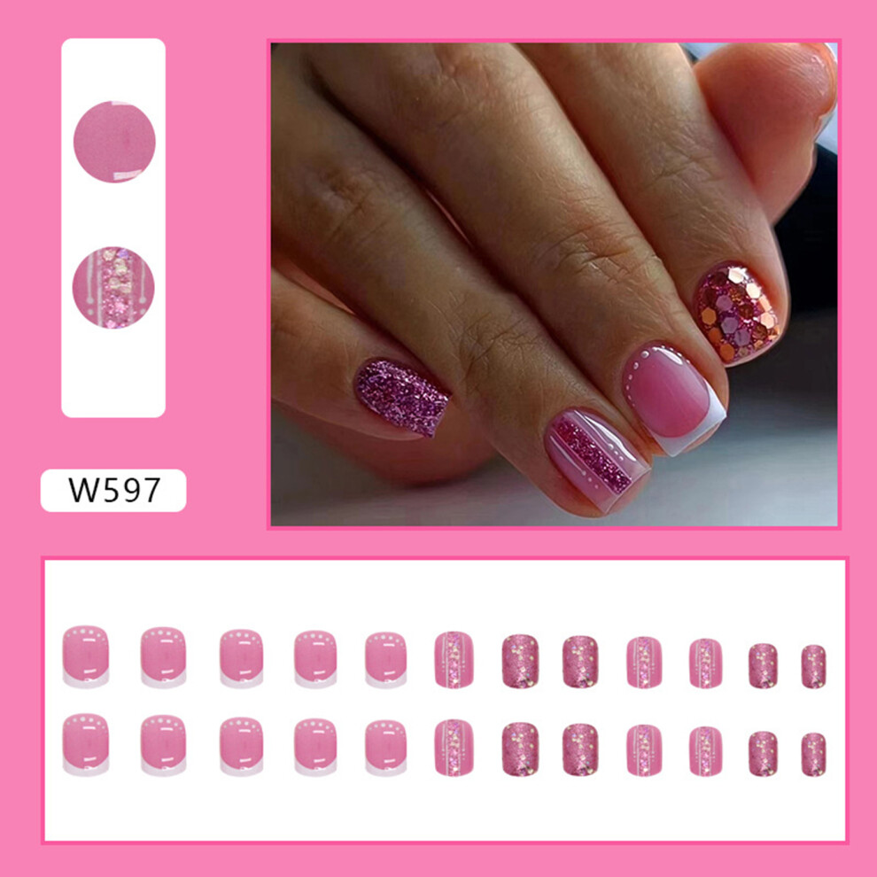 Zhouq-Outdoors (Jelly Glue Model) Pink Flash Powder Fake Nails For Manicure & Nail Art