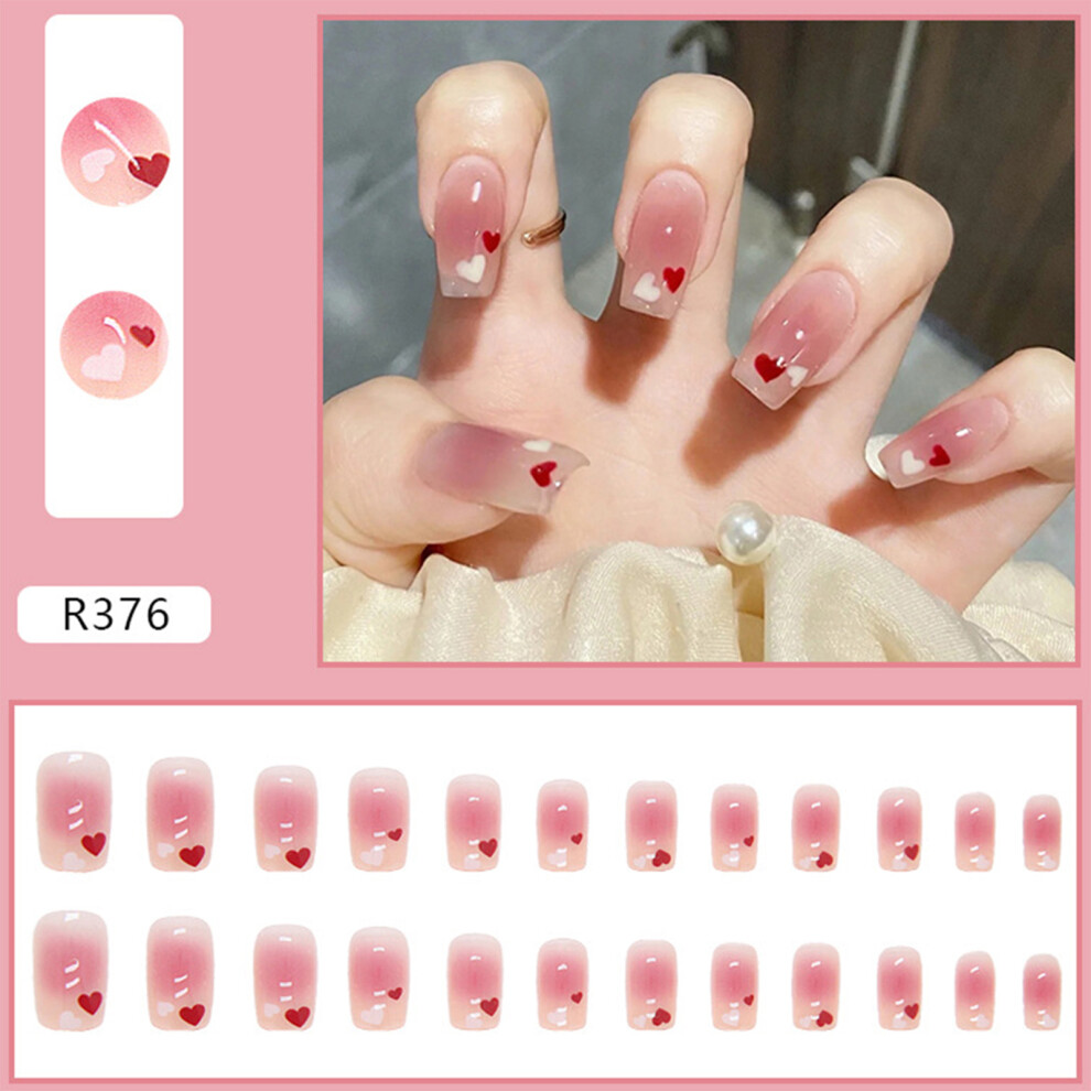 Bright-Home Long Square Press On Nails White And Red Heart Pattern Design False Nails For Finger Decoration Home Nail Diy