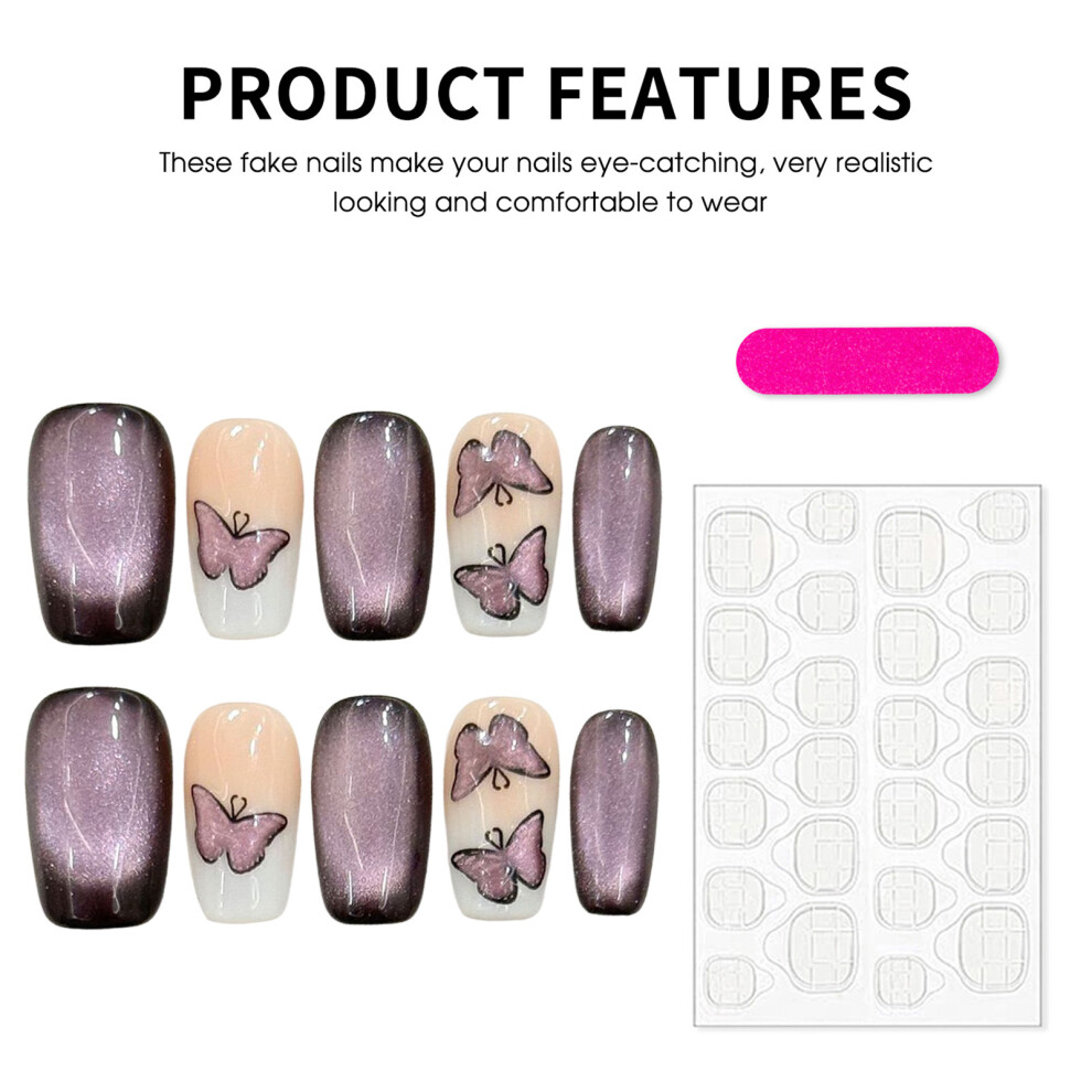 Hue-Grain (2935) 10Pcs Mauve Cat Eye Press-On Nails For Women