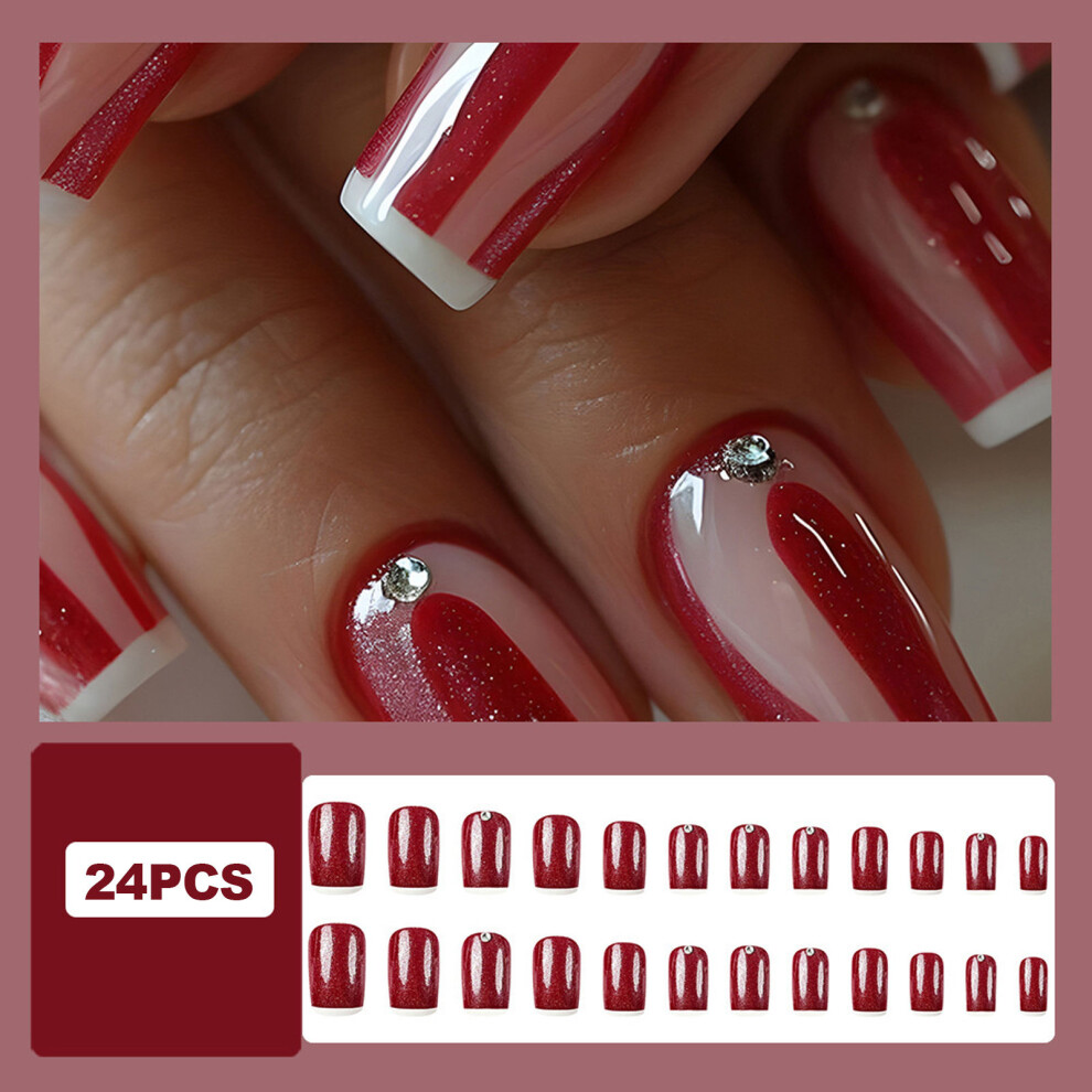 Dcph-Clothing Elegant Wine Red French False Nails, 24Pcs