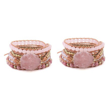 2X Natural Stone Bracelet  Quartz Leather Wrap Bracelets for Women Rose Gems Crystal Beads Bohemia Jewelry