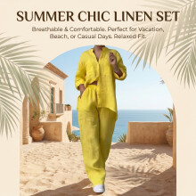 (Yellow, L) Cotton Linen Shirt & Pants Set - Casual Wear