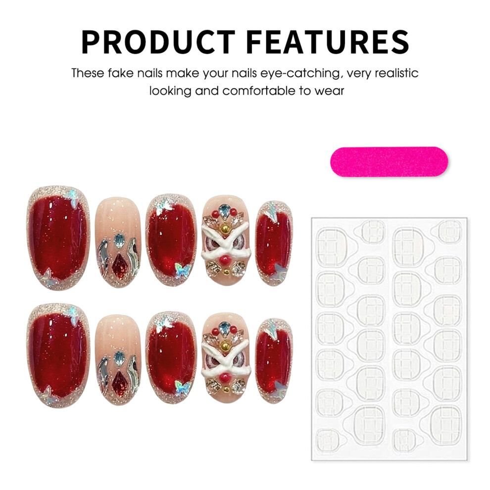 Dachuang Beauty (Short Oval, M) Festive Lion Fake Nails 10Pcs With Rhinestones